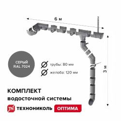 Комплект водосточной системы ТЕХНОНИКОЛЬ Оптима 120/80 для ската 6 м (труба 1,5 м), серый